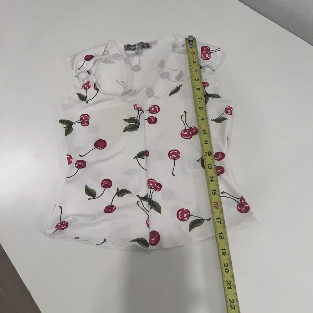 urban outfitters Women’s White Tank Top Cherry Print Shoulder Detail Small Y2K - Picture 8 of 8